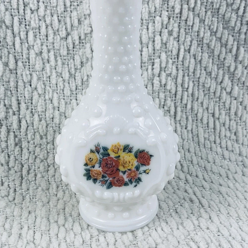 Vintage Hobnail Milk Glass Avon Cologne Bottle Decanter White Floral Flowers EUC